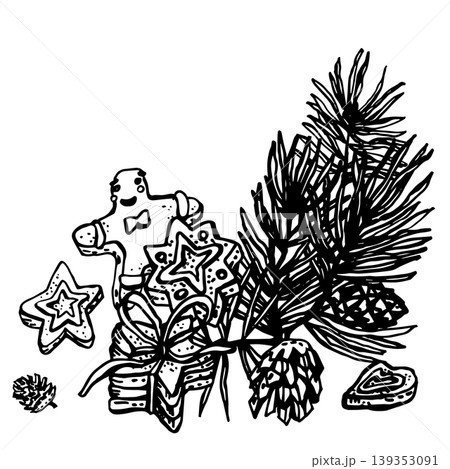 Pine branches with cones and gingerbread cookies 139353091