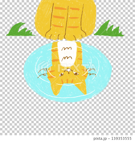 A cute illustration of a cat with a happy expression reflected in a puddle after the rain, perfect for use as an illustration on a rainy day. Rainy season theme. A cute illustration of a cat with a happy expression reflected in a puddle after the rain, perfect for use as an illustration on a rainy day. Rainy season theme. 139353555