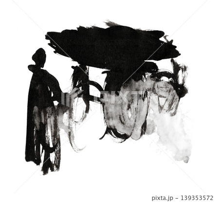 筆による重厚な墨の滲みと濃淡を活かし、抽象的な造形と人物を描いた和モダンなイラスト素材 139353572