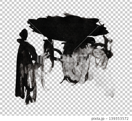 筆による重厚な墨の滲みと濃淡を活かし、抽象的な造形と人物を描いた和モダンなイラスト素材 139353572