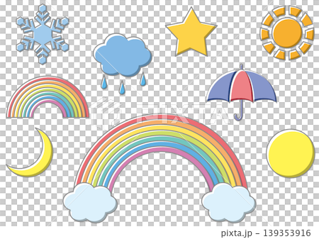 Weather and sky icon set (rainbow, sun, clouds, rain, snow, moon, star, umbrella) Weather and sky icon set (rainbow, sun, clouds, rain, snow, moon, star, umbrella) 139353916