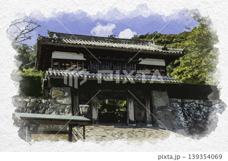 水彩画風　佐伯城跡　三の丸櫓門　大分県佐伯市 139354069