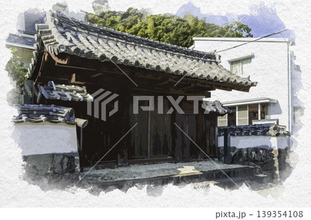 水彩画風 佐伯城跡 薬医門 大分県佐伯市 水彩画風 佐伯城跡 薬医門 大分県佐伯市 139354108