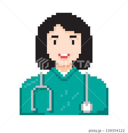 Pixel art character of a female healthcare professional, doctor, or nurse in green scrubs with a stethoscope. Vector illustration. Pixel art character of a female healthcare professional, doctor, or nurse in green scrubs with a stethoscope. Vector illustration. 139354122