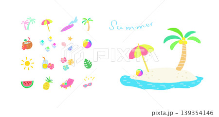 トロピカルな夏のアイテム　手描きイラストセット 139354146