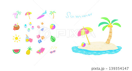 トロピカルな夏のアイテム　水彩手描きイラストセット 139354147