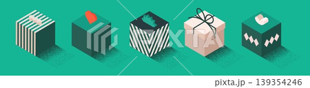 Five isometric gift boxes with patterns Five isometric gift boxes with patterns 139354246