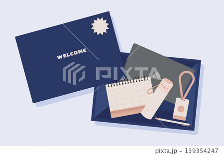 Corporate onboarding welcome kit box with office supplies 139354247