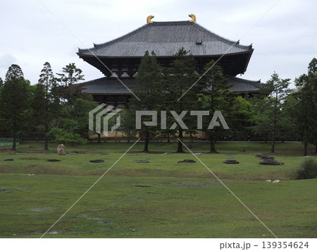 悠久の時を刻む東大寺伽藍。広大な講堂跡の礎石とそびえ立つ大仏殿 139354624