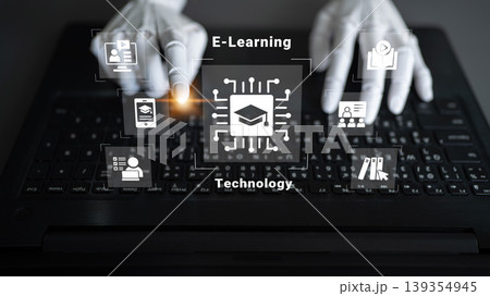 Innovative Digital Learning Concept with Abstract Icons Representing E-Learning and Technology on Laptop Keyboard, Hands, and Futuristic Design Cyphers. Innovative Digital Learning Concept with Abstract Icons Representing E-Learning and Technology on Laptop Keyboard, Hands, and Futuristic Design Cyphers. 139354945