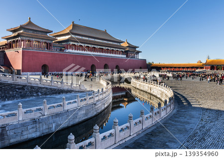 View of Forbidden City South gate compound, canal during sunrise with distant and blurry unrecognizable tourists crowd View of Forbidden City South gate compound, canal during sunrise with distant and blurry unrecognizable tourists crowd 139354960