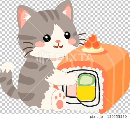 Cute grey kitten hugging salmon sushi with salmon roe. Kawaii cartoon cat with salmon roll and ikura sushi 139355320