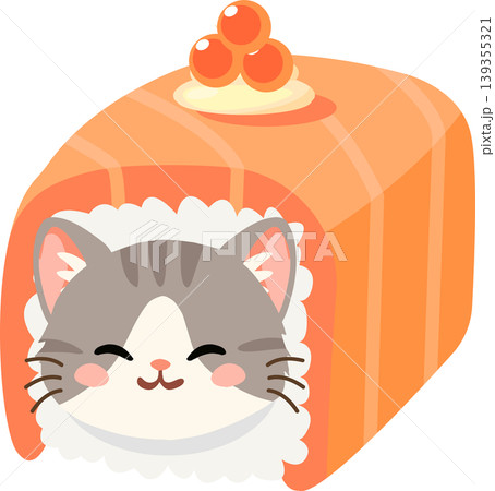 A cute kitten in a salmon sushi roll with ikura. Smiling cat wrapped in salmon sushi with rice and roe A cute kitten in a salmon sushi roll with ikura. Smiling cat wrapped in salmon sushi with rice and roe 139355321
