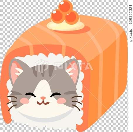 A cute kitten in a salmon sushi roll with ikura. Smiling cat wrapped in salmon sushi with rice and roe A cute kitten in a salmon sushi roll with ikura. Smiling cat wrapped in salmon sushi with rice and roe 139355321