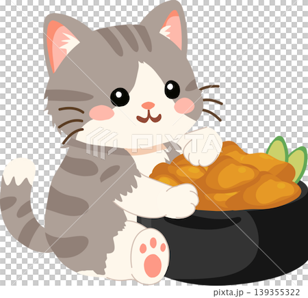 Cute gray tabby kitten holding uni sushi. Kawaii cat with sea urchin roe gunkan Cute gray tabby kitten holding uni sushi. Kawaii cat with sea urchin roe gunkan 139355322
