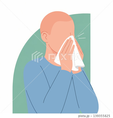Illustration of a person holding a tissue to their face, possibly indicating illness, allergies, or emotional distress. The figure is depicted with a simple, clean design. 139355825