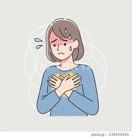Illustration of a woman with a worried expression, clasping her chest, sweating, and experiencing anxiety or discomfort. Illustration of a woman with a worried expression, clasping her chest, sweating, and experiencing anxiety or discomfort. 139355830