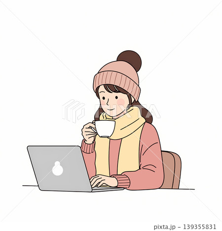 Illustration of a girl wearing a winter hat and scarf, working on a laptop while holding a cup of coffee, showcasing a cozy and productive scene. 139355831