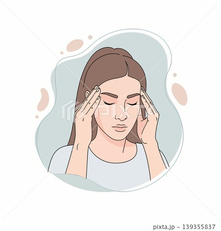 A woman with closed eyes is depicted holding her temples, suggesting she is experiencing a headache or stress. The illustration conveys discomfort and pain. 139355837