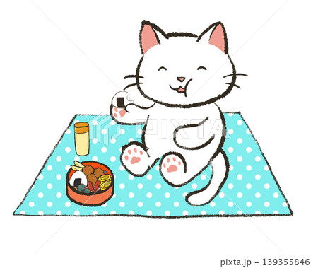 ピクニック お弁当を食べる白猫 139355846