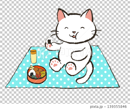 ピクニック お弁当を食べる白猫 139355846