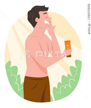 Young Man Apply Sunscreen Lotion on Face before Sunbathing for Summer Vacation and Outdoor Recreation Lifestyle Concept Illustration Clip Art Young Man Apply Sunscreen Lotion on Face before Sunbathing for Summer Vacation and Outdoor Recreation Lifestyle Concept Illustration Clip Art 139355856
