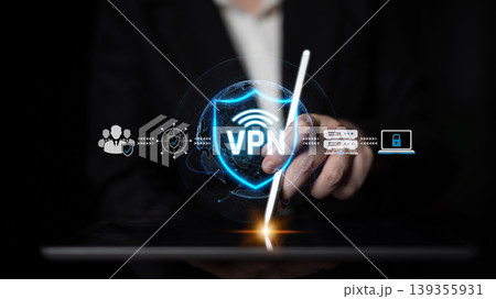 A modern depiction of digital security featuring VPN protection, highlighting data privacy on a tablet device, illustrating themes in cybersecurity and technology. Sigmoid 139355931