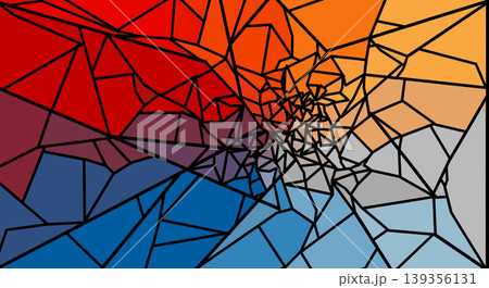 Abstract geometric mosaic featuring a vibrant color gradient transitioning from warm reds and oranges to cool blues and grays, defined by sharp angular shapes and black outlines. Abstract geometric mosaic featuring a vibrant color gradient transitioning from warm reds and oranges to cool blues and grays, defined by sharp angular shapes and black outlines. 139356131