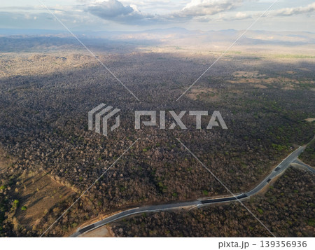Wide view of forest and road near mountains during late afternoon Wide view of forest and road near mountains during late afternoon 139356936