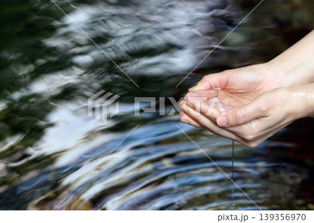 Precious Water of Life, Holding Clear and Clean Water in Your Hands, Beautiful Waves and World Water Day Background 139356970