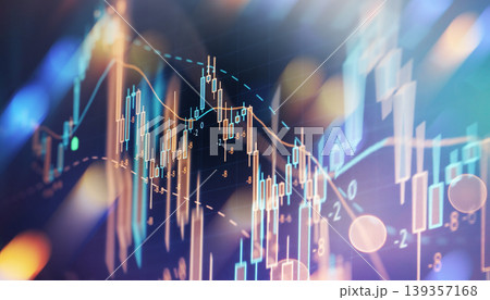 Abstract financial stock market chart background. Dynamic digital trading graph with glowing candlesticks and data. 139357168