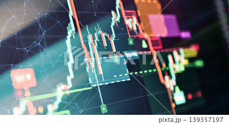 Stock Market Candlestick Chart on Digital Trading Screen with Financial Data Visualization Stock Market Candlestick Chart on Digital Trading Screen with Financial Data Visualization 139357197