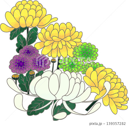 菊の花束イラスト素材　黄・白・紫・緑4色　和風　コーナー素材　手書き風　秋・お彼岸　白背景 139357282