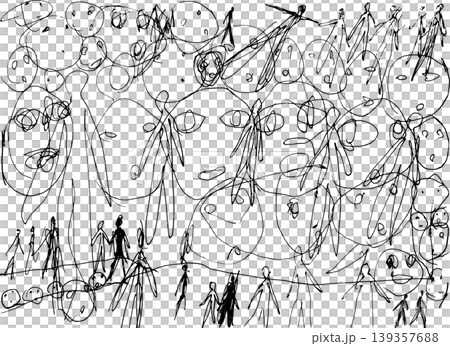[Transparent Background] A monochrome line drawing intricately overlapping with many faces and full-body figures of people. 139357688
