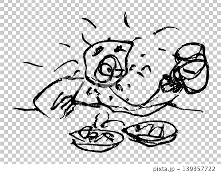 [Transparent Background] Monochrome line drawing of a person heartily eating a meal while chatting, with a beer mug in one hand. 139357722