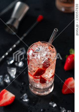Strawberry cocktail top view ice mixology Strawberry cocktail top view ice mixology 139357830