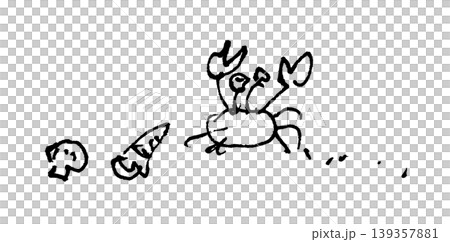 A monochrome line drawing illustration of a crab and two seashells, drawn like a doodle with a pen. 139357881