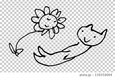 A simple monochrome pen-and-ink illustration featuring a smiling flower and a smiling cat lying on its back. A simple monochrome pen-and-ink illustration featuring a smiling flower and a smiling cat lying on its back. 139358004