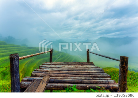 Scenic bamboo deck with terraced rice field and foggy in countryside at Vietnam 139358096