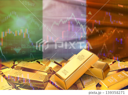 Gold bars on Irish flag in background. Gold bars stacked on Irish flag. Concept of Ireland gold reserves 139358271