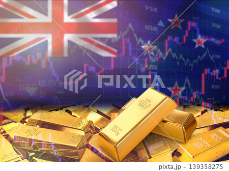Gold bars on New Zealand flag in background. Gold bars stacked on New Zealand flag. Concept of New Zealand gold reserves Gold bars on New Zealand flag in background. Gold bars stacked on New Zealand flag. Concept of New Zealand gold reserves 139358275