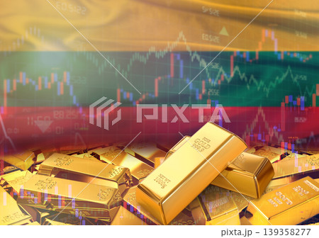 Gold bars on Lithuanian flag in background. Gold bars stacked on Lithuanian flag. Concept of Lithuania gold reserves Gold bars on Lithuanian flag in background. Gold bars stacked on Lithuanian flag. Concept of Lithuania gold reserves 139358277