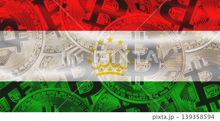 Tajik flag with Bitcoin in the background. Bitcoin cryptocurrency with Tajikistan flag, Investors in Blockchain Technology Tajik flag with Bitcoin in the background. Bitcoin cryptocurrency with Tajikistan flag, Investors in Blockchain Technology 139358594