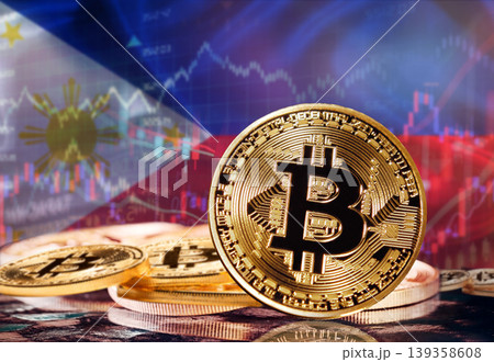 Bitcoin with Philippine flag in the background. Investors in cryptocurrency and Blockchain Technology in Philippines, Concept 139358608