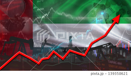 Growth of oil industry with United Arab Emirates flag. Oil production with Emirati flag, Oil pumps with Emirati flag 139358621