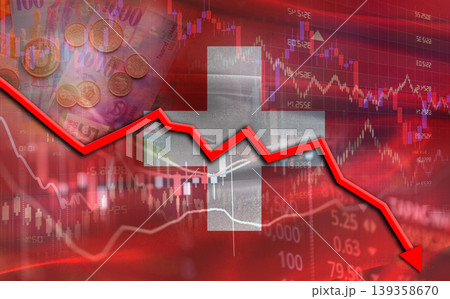 Switzerland financial fall on economy market. Swiss financial crisis on economic graph 139358670