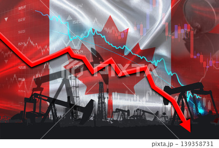 Crude crisis with Canadian flag on financial graph. Fall oil price with flag of Canada on economic chart Crude crisis with Canadian flag on financial graph. Fall oil price with flag of Canada on economic chart 139358731