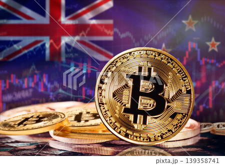 Bitcoin with New Zealand flag in the background. Investors in cryptocurrency and Blockchain Technology in New Zealand, Concept 139358741