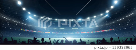 Football stadium with national flags at night with cheerful atmosphere. Football stadium with national flags at night with cheerful atmosphere. 139358963