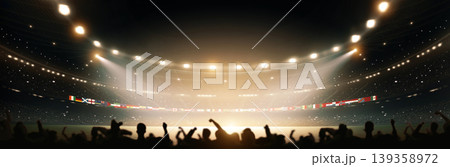 Football stadium with national flags at night with cheerful atmosphere. Football stadium with national flags at night with cheerful atmosphere. 139358972